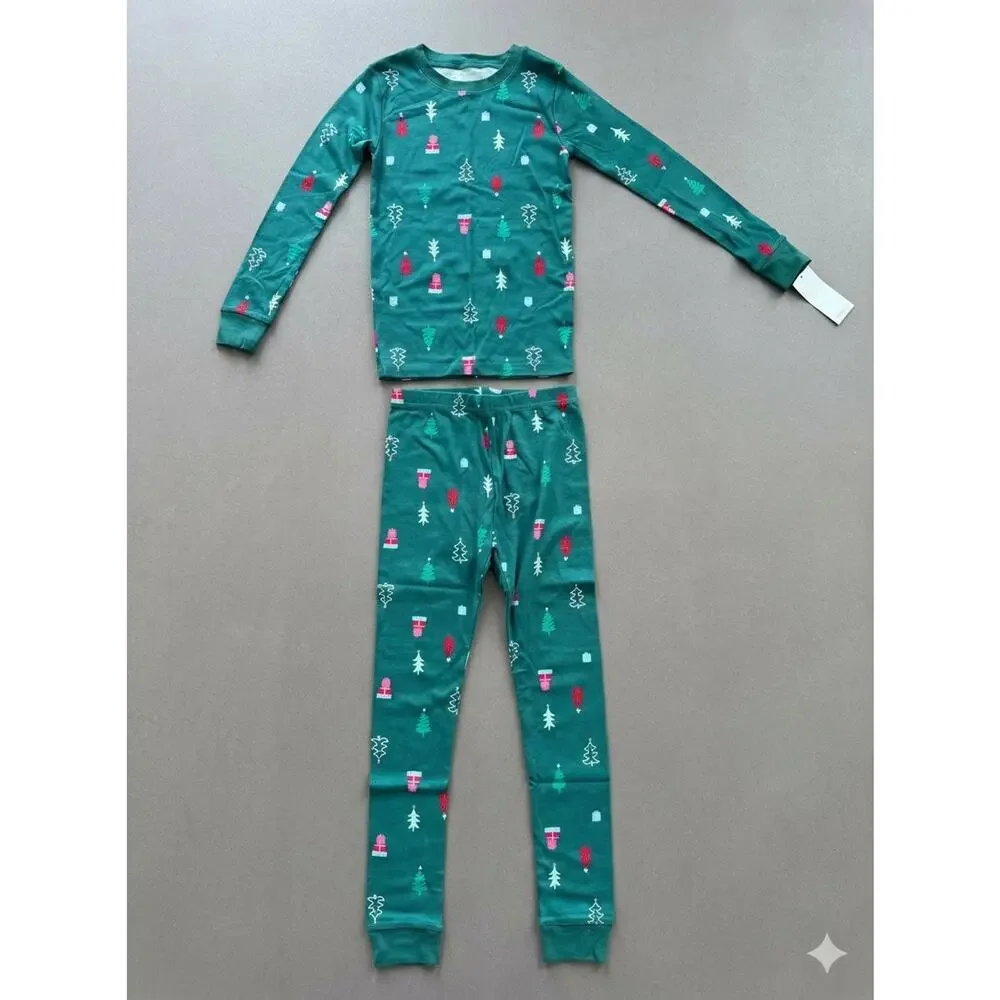 NEW! 14 Kids Christmas Tree Print Top and Pants Pajama 2PC Set 100% Cotton Green